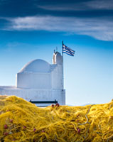 Fishing nets at Agios Nikolaos Thalassinos Aegina, Aegina port, Agios Nikolaos, Greece, Mediterranean, architecture, blue sky, book, book cover, chapel, church, flag, harbor, landmark, landscape, minimalism, serene, sunlight, travel