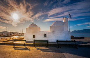 Light Dancing over Agios Nikolaos Thalassinos Aegina, Agios Nikolaos, Christmas, Greece, architecture, chapel, church, evening, faith, harbor, light, shadows, sky, sunset, travel