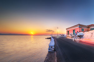 Evening Light on the Red House Aegina, Greece, Nature, calm, evening, harbor, horizon, orange sky, red house, reflections, sea, seascape, sunset, travel, waterfront