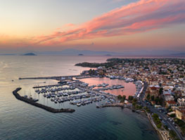 Sunset colors of Aegina from above Aegina, Greece, aerial, aerial view, city, coastline, drone, harbor, landscape, marina, pink clouds, sea, sunrise, sunset, travel, urban