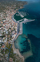 Westside panoramic view of the Harbor Aegina, Greece, Mediterranean, Nature, aerial, aerial panorama, ancient, ancient port, archaeology, architecture, coastline, culture, drone, drone photography, harbor, history, island, landmark, marina, ruins, sea, town, travel, turquoise, urban, water