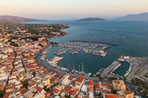 Aegina harbour from above at sunset Aegina harbor, sea, Mediterranean atmosphere, clouds, Greek coastline, seascape, απο ψηλα, from above, sunset, dusk, δυση