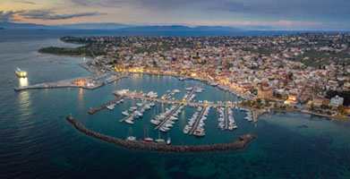 Aegina harbour from above at sunset Aegina harbor, sea, Mediterranean atmosphere, clouds, Greek coastline, seascape, απο ψηλα, from above, sunset, dusk, δυση