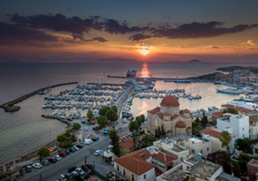 Aegina harbour from above at sunset Aegina harbor, sea, Mediterranean atmosphere, clouds, Greek coastline, seascape, απο ψηλα, from above, sunset, dusk, δυση