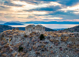 Sunset Hues over the Twin Churches of Palaiochora Aegina, Agios Dimitrios, Agios Georgios, Agios Nektarios, Byzantine, Christianity, Greece, Paliachora, aigina, ancient, architecture, church, churches, culture, ghost town, heritage, hilltop, historic site, history, landmark, landscape, medieval, monastery, palaiochora, palaiohora, palaioxora, religion, ruins, travel, ΑΙΓΙΝΑ, παλαιοχωρα
