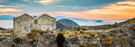 Sunset Hues over the Twin Churches of Palaiochora Aegina, Agios Dimitrios, Agios Georgios, Agios Nektarios, Byzantine, Christianity, Greece, Paliachora, aigina, ancient, architecture, church, churches, culture, ghost town, heritage, hilltop, historic site, history, landmark, landscape, medieval, monastery, mountains, palaiochora, palaiohora, palaioxora, religion, ruins, travel, village, αιγινα, παλαιοχωρα