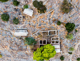 Aerial Top‑Down View of Palaiochora Aegina, aigina, ancient, Byzantine, Christianity, church, churche, churches, countryside, culture, ghost town, Greece, heritage, hilltop, historic site, history, landmark, landscape, medieval, Mediterranean, Nature, outdoors, palaiochora, palaiohora, palaioxora, Paliachora, religion, rocks, ruins, rural, travel, αιγινα, παλαιοχωρα