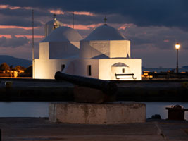 Agios Nikolaos at Dusk Άγιος Νικόλαος, λυκόφως, πανοραμική, Aegina, St Nicholas church, seafront, panorama, harbor, sunset