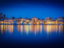 Harbor Reflections at Blue Hour Aegina, Greece, blue hour, cityscape, harbor, lights, night photography, reflections, sea, waterfront