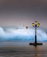 A sudden coastal squall Aegina Harbor, sudden squall, dramatic sky, Mediterranean mood, stormy sea, Greek island atmosphere, coastal drama.