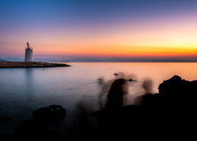 Figures in the Twilight Aegina, Greece, calm, calm water, dusk, horizon, lighthouse, long exposure, minimal, sea, seascape, sky, sunset, travel, water